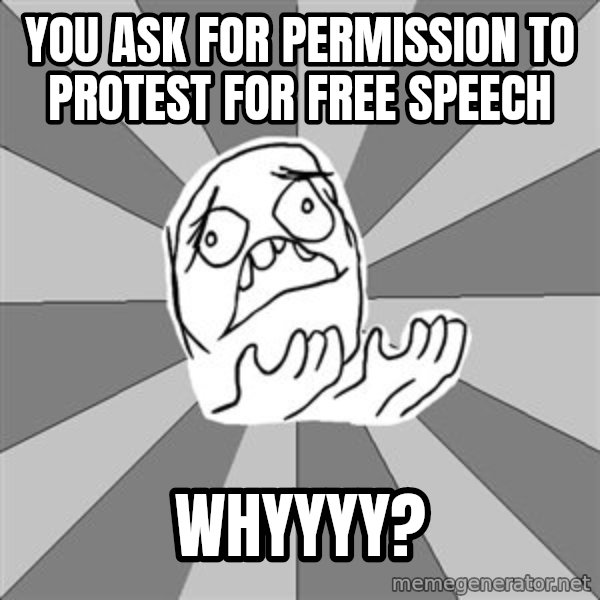 Whyyy??? meme: you ask for permission to protest for free speech / whyyyy?