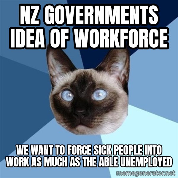 Chronic Illness Cat meme: NZ GOvernments IDEA OF workForce / WE want to Force sick people into work as much as the able unemployed
