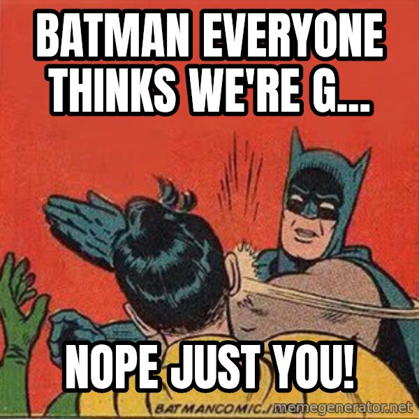 batman slap robin meme: batman everyone thinks we're g... / nope just you!