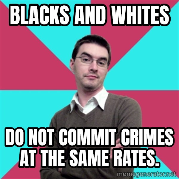 Privilege Denying Dude meme: Blacks and whites / do not commit crimes at the same rates.