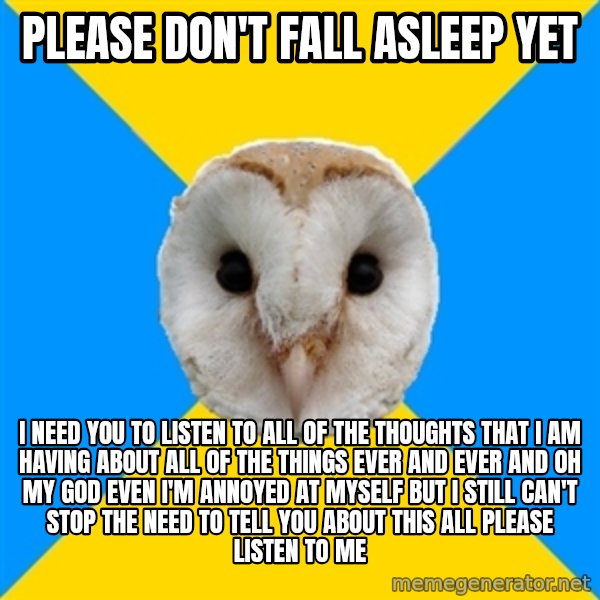 Bipolar Owl meme: please don't fall asleep yet / i need you to listen to all of the thoughts that i am having about all of the things ever and ever and oh my god even i'm annoyed at myself but i still can't stop the need to tell you about this all please listen to me