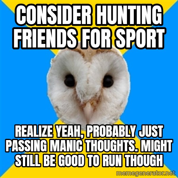 Bipolar Owl meme: consider hunting friends for sport / realize yeah, probably just passing manic thoughts. might still be good to run though