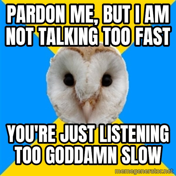 Bipolar Owl meme: pardon me, but i am not talking too fast / you're just listening too goddamn slow