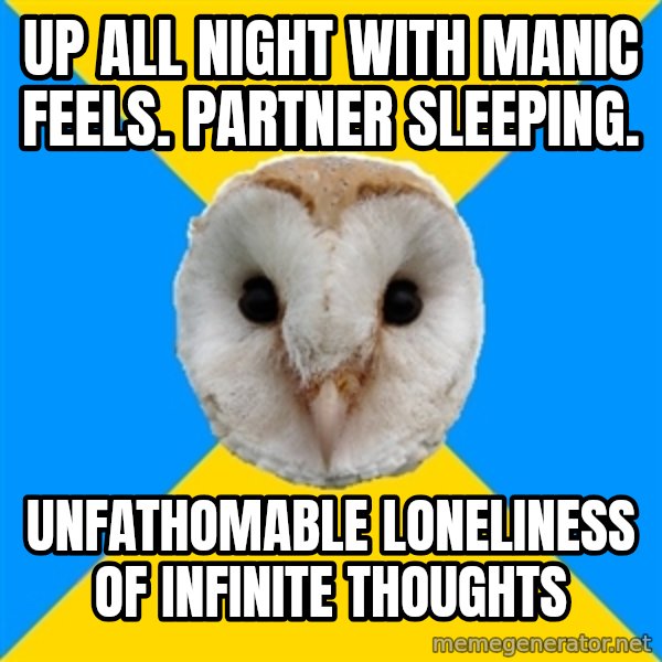 Bipolar Owl meme: up all night with manic feels. partner sleeping. / unfathomable loneliness of infinite thoughts