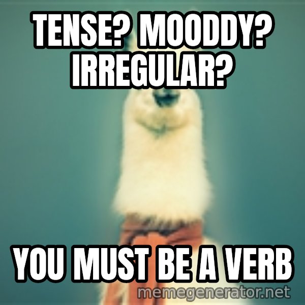 Pancakes llama meme: tense? mooddy? irregular? / you must be a verb