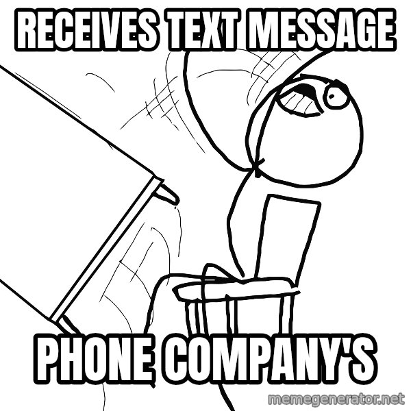 Desk Flip Rage Guy meme: Receives Text message / Phone Company's