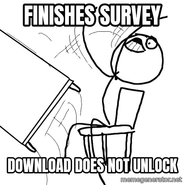 Desk Flip Rage Guy meme: Finishes survey / download does not unlock