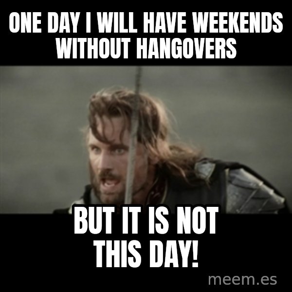 But it is not this Day ARAGORN meme: One day I will have weekends without hangovers / But it is not this day!
