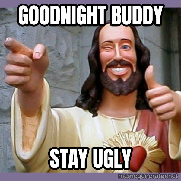 buddy jesus meme: goodnight buddy / stay ugly