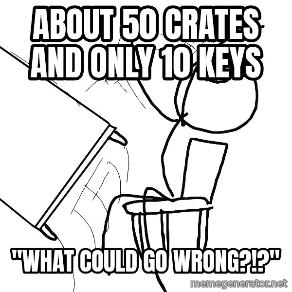Desk Flip Rage Guy meme: about 50 crates and only 10 keys / "WHAT COULD GO WRONG?!?"