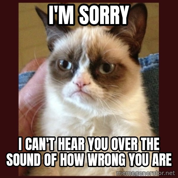 Grumpy Cat  meme: I'M SORRY / I CAN'T HEAR YOU OVER THE SOUND OF HOW WRONG YOU ARE