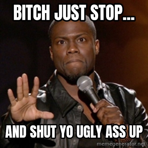 Kevin Hart meme: bitch just stop... / and shut yo ugly ass up