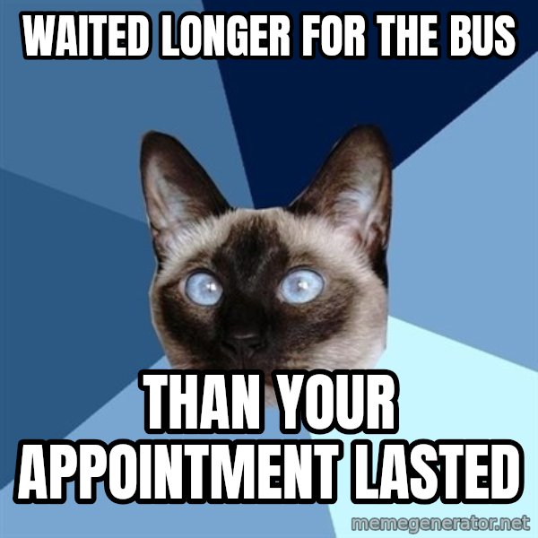 Chronic Illness Cat meme: Waited longer for the bus / than your appointment lasted