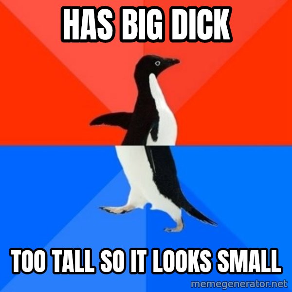 Socially Awesome Awkward Penguin meme: Has big dick / too tall so it looks small