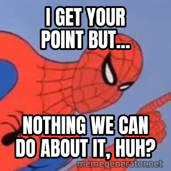 Spiderman meme: I get your point but... / nothing we can do about it, huh?
