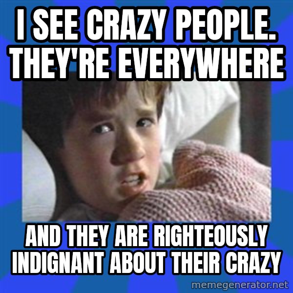 i see dead people meme: I see Crazy people. They're everywhere / and they are righteously indignant about their crazy