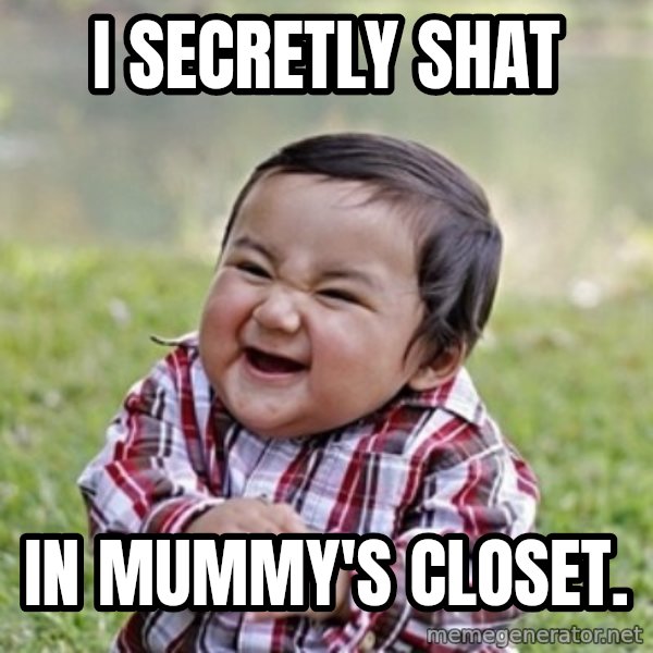 evil toddler kid2 meme: I secretly shat / in Mummy's closet.