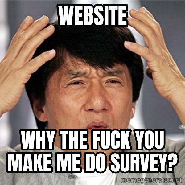 Jackie Chan meme: website / why the fuck you make me do survey?
