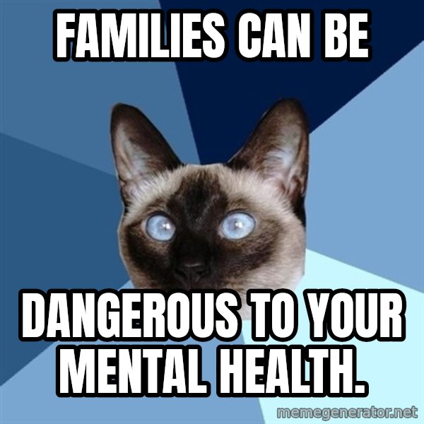 Chronic Illness Cat meme: Families can be / Dangerous to your mental health.