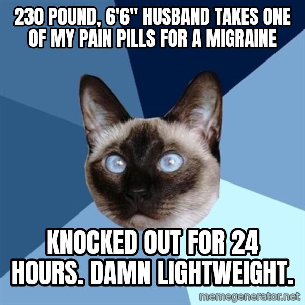 Chronic Illness Cat meme: 230 pound, 6'6" husband takes one of my pain pills for a migraine / knocked out for 24 hours. damn lightweight.