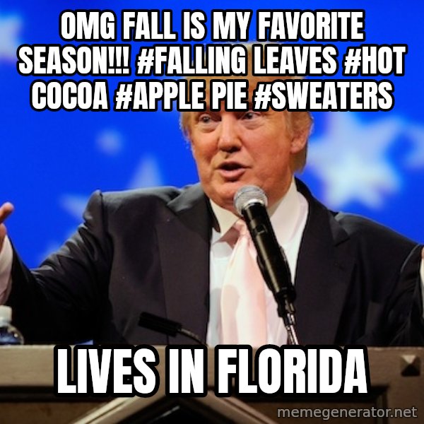 Annoying Facebook Girl meme: OMG fall is my favorite season!!! #falling leaves #hot cocoa #apple pie #sweaters / Lives in Florida