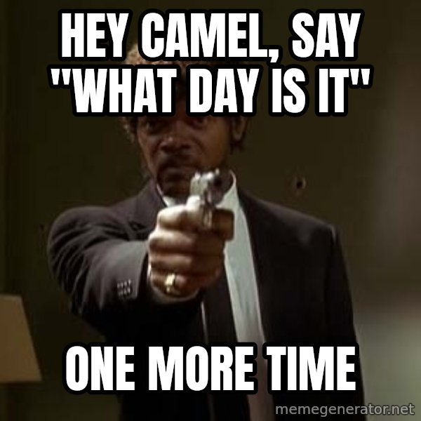 Jules Pulp Fiction meme: hey camel, Say "what day is it" / one more time