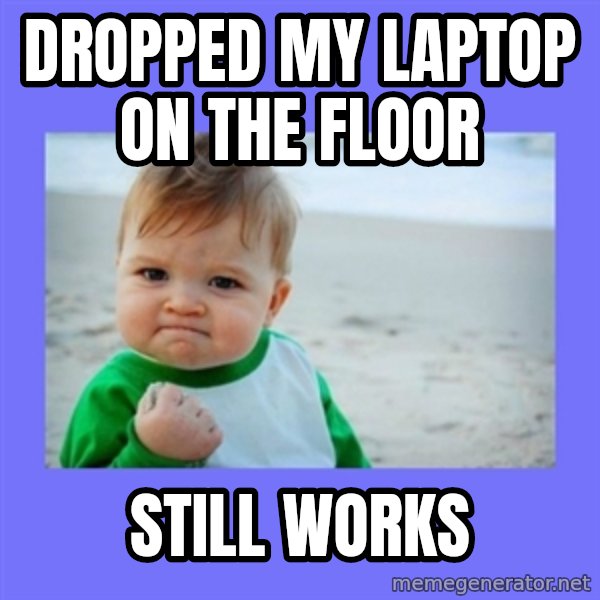 Success Kid meme: Dropped my laptop on the floor / Still works
