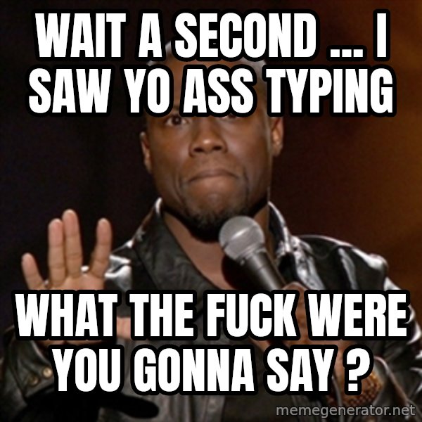 Kevin Hart meme: wait a second ... i saw yo ass typing / what the fuck were you gonna say ?