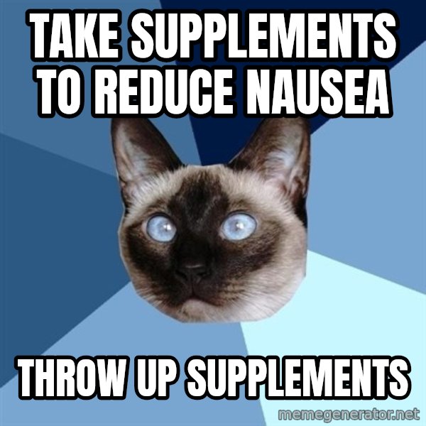 Chronic Illness Cat meme: Take supplements to reduce nausea / THROW UP SUPPLEMENTS