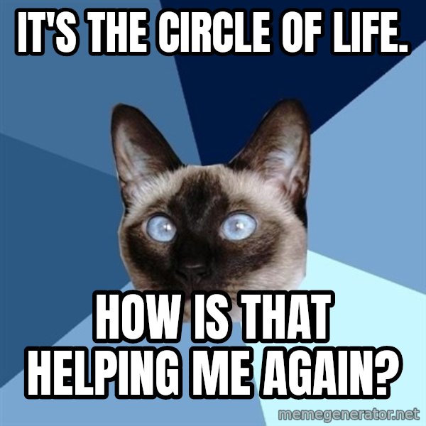 Chronic Illness Cat meme: It's the Circle of Life. / How is that helping me again?