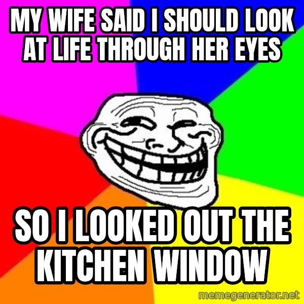 Trollface meme: My wife said I should look at life through her eyes / so i looked out the kitchen window