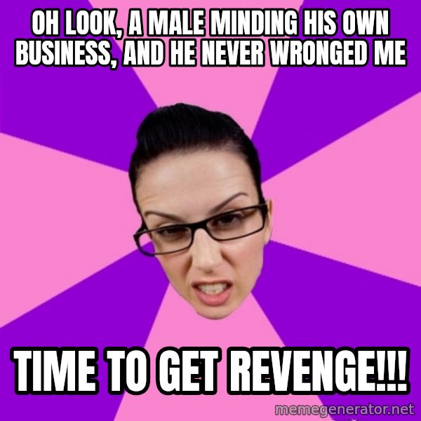 Privilege Denying Feminist meme: Oh look, a male minding his own business, and he never wronged me / Time to get revenge!!!