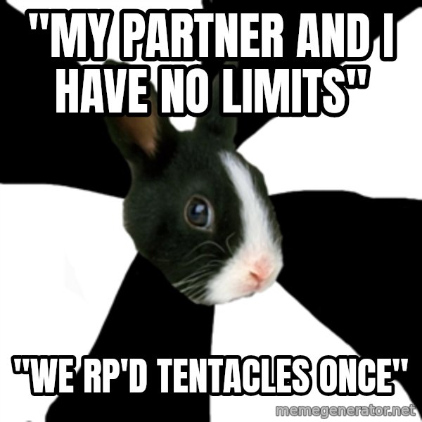Roleplaying Rabbit meme: "My partner and I have no limits" / "We rp'd tentacles once"