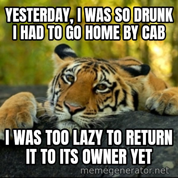 Confession Tiger meme: Yesterday, I was so drunk I had to go home by cab / I was too lazy to return it to its owner yet