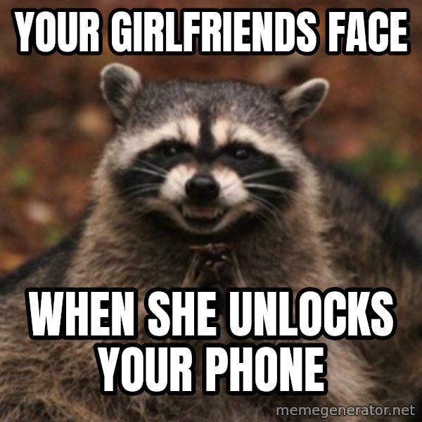 evil raccoon meme: YOUR GIRLFRIENDS FACE / WHEN SHE UNLOCKS YOUR PHONE