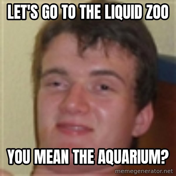 10guy meme: Let's go to the liquid zoo / You mean the aquarium?