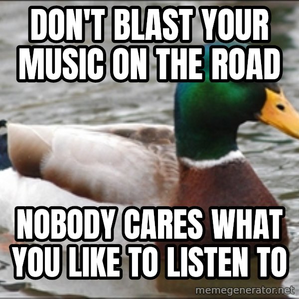 Actual Advice Mallard 1 meme: Don't blast your music on the road / Nobody cares what you like to listen to