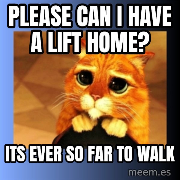 puss in boots eyes 2 meme: PLEASE CAN I HAVE A LIFT HOME? / ITS EVER SO FAR TO WALK
