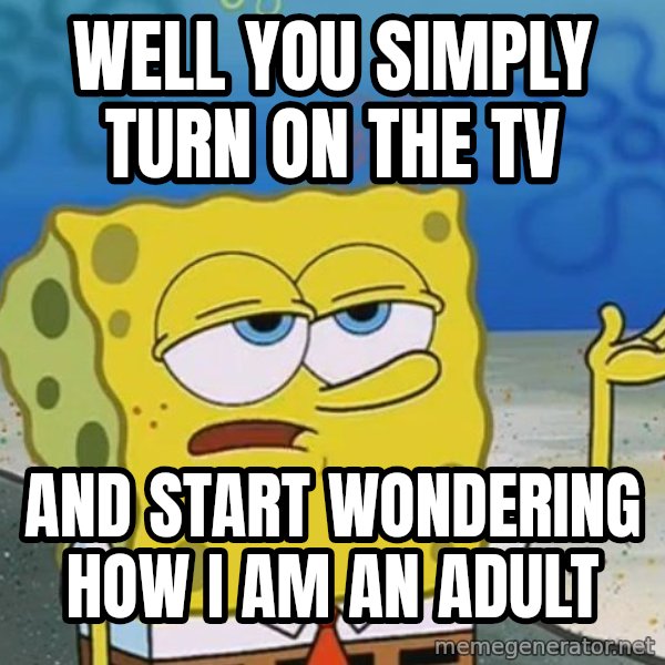 I'll have you know Spongebob meme: well you simply turn on the tv / and start wondering how i am an adult