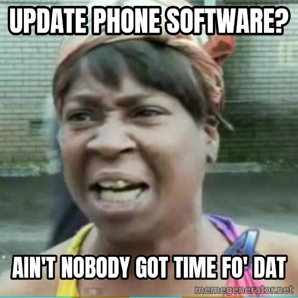 Sweet Brown Meme meme: update phone software? / ain't nobody got time fo' dat