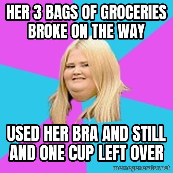Fat Girl meme: her 3 bags of groceries broke on the way / used her bra and still and one cup left over