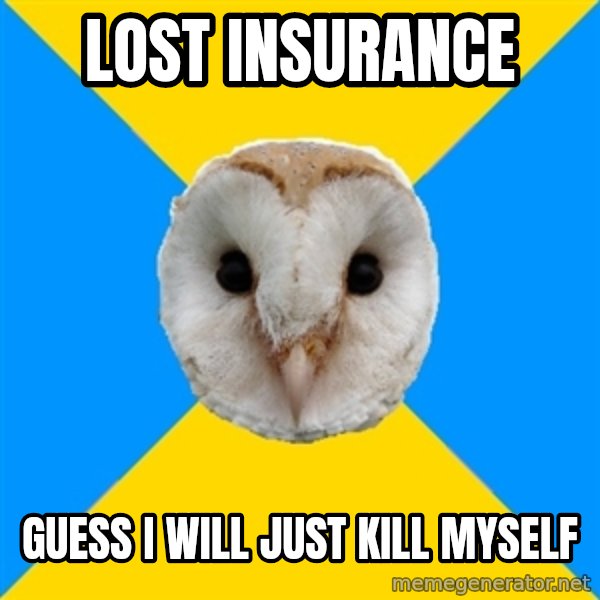 Bipolar Owl meme: Lost Insurance / Guess I will just kill myself