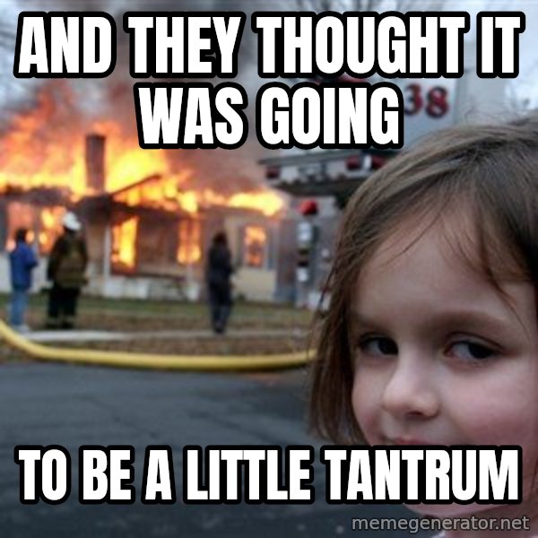 Disaster Girl meme: and they thought it was going / to be a little tantrum