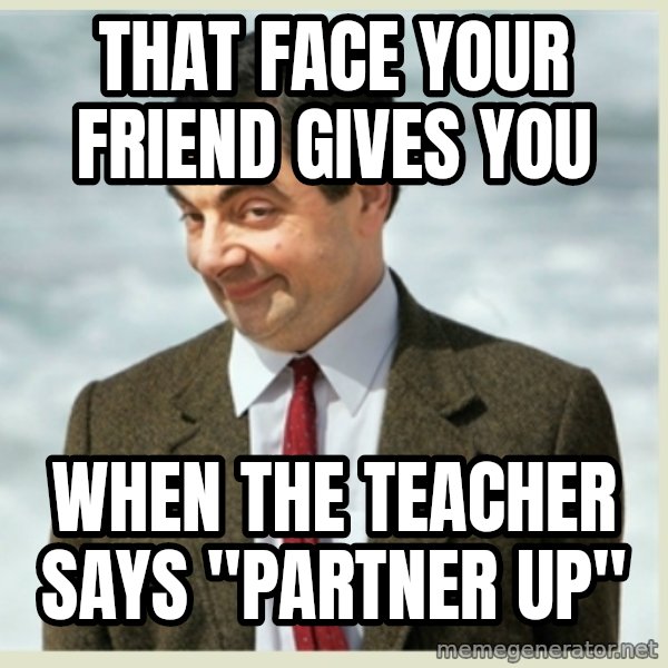 MR bean meme: that face your friend gives you / when the teacher says "partner up"