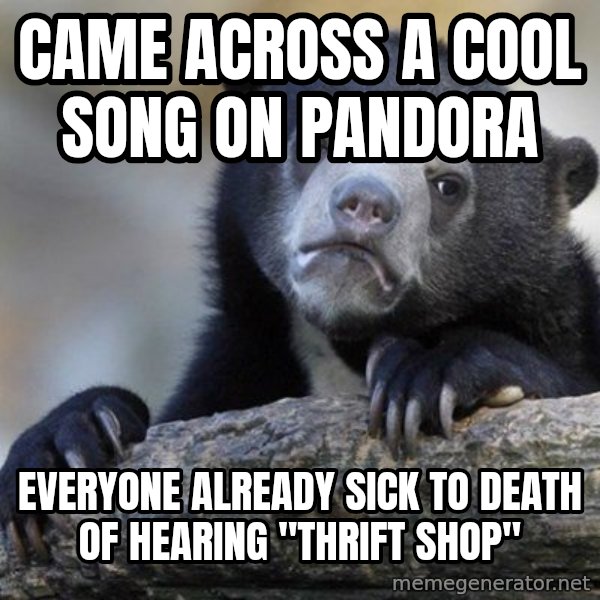 Confession Bear meme: came across a cool song on pandora / everyone already sick to death of hearing "thrift shop"