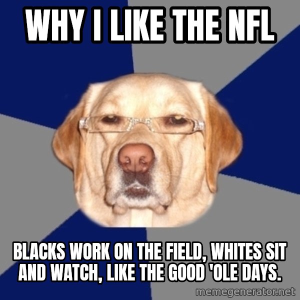 Racist Dog meme: Why I like the NFL / Blacks work on the field, whites sit and watch, like the good 'ole days.