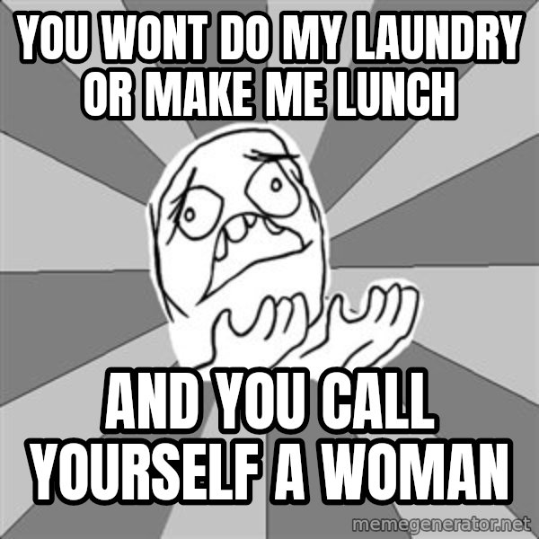 Whyyy??? meme: you wont do my laundry or make me lunch / and you call yourself a woman
