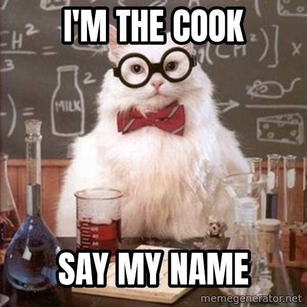 Chemistry Cat meme: i'm the cook / say my name