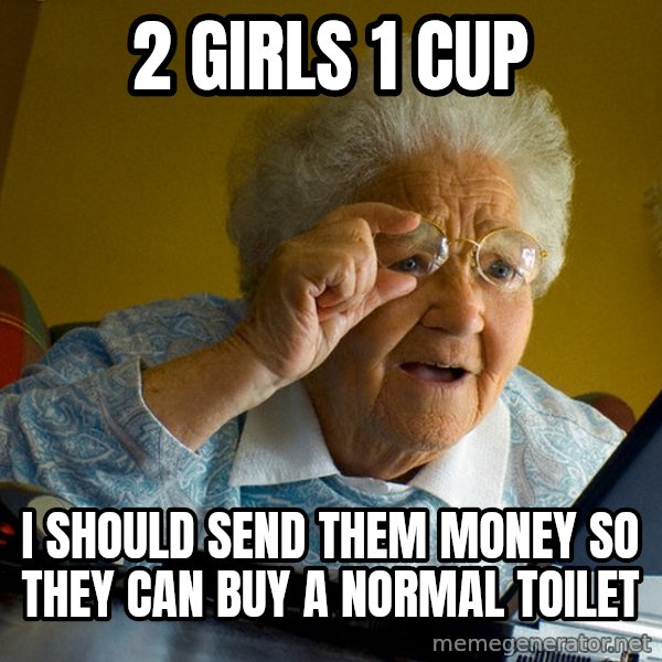 Internet Grandma Surprise meme: 2 girls 1 cup / I should send them money so they can buy a normal toilet
