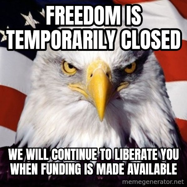 American Pride Eagle meme: Freedom is temporarily closed / we will continue to liberate you when funding is made available